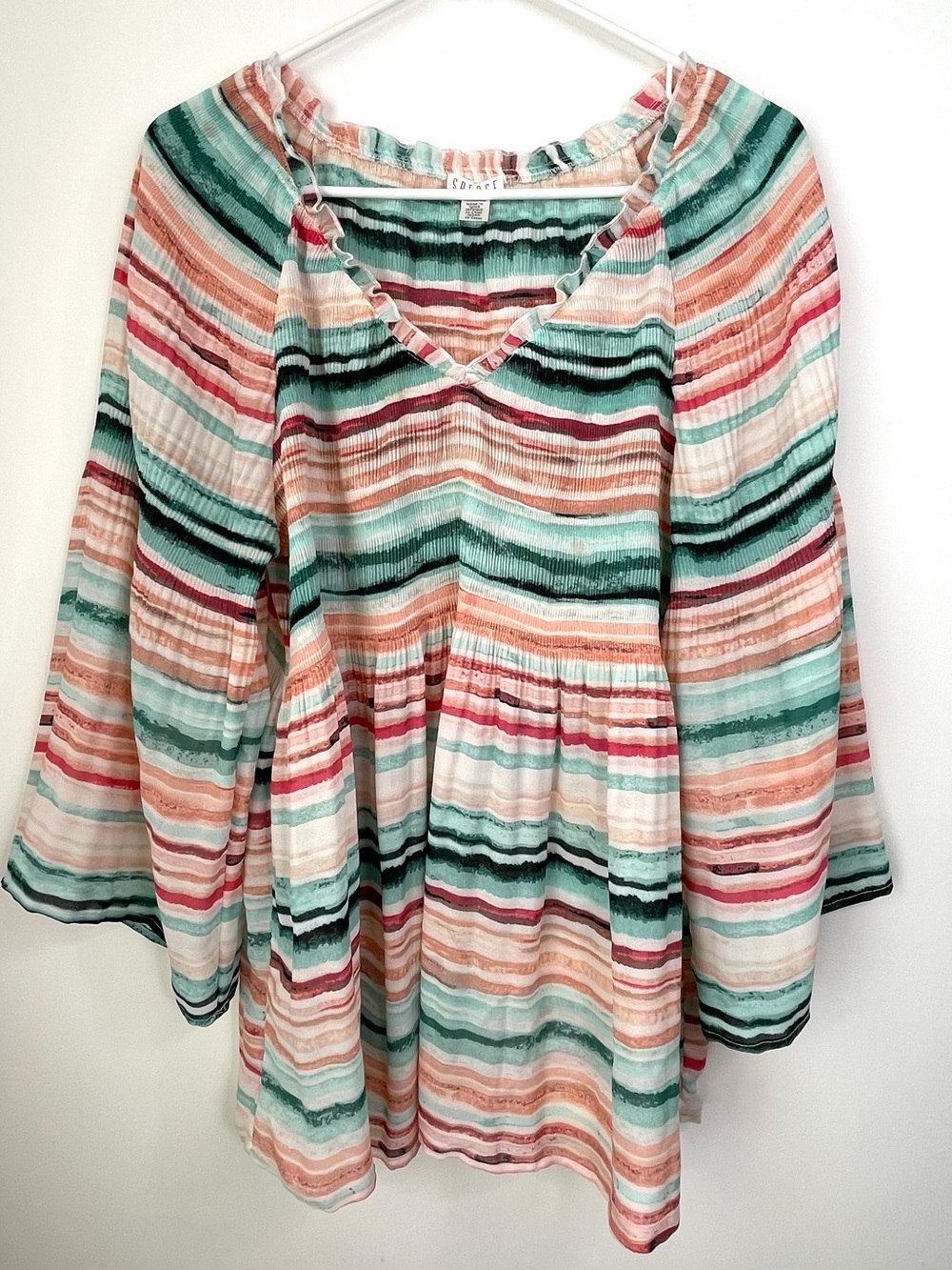Spense Striped V-Neck Bell Sleeve Tunic in Teal, Coral, Cream, and Black size XL